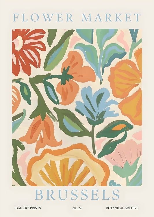 Flower Market Brussels - Colourful Vintage Botanical Wall Art, Modern Floral Design, Available Framed
