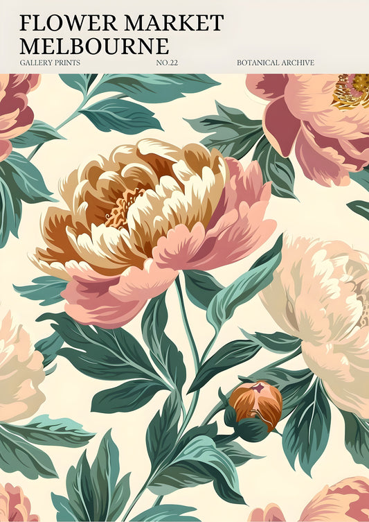 Flower Market Melbourne - Colourful Vintage Botanical Wall Art, Modern Floral Design, Available Framed