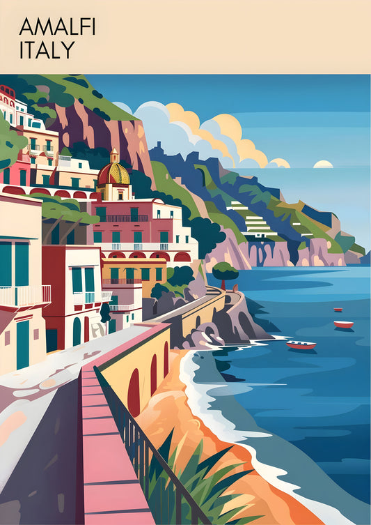 Amalfi Shores – Travel Wall Art Poster Print, Modern Colourful Minimalist Design, Available Framed