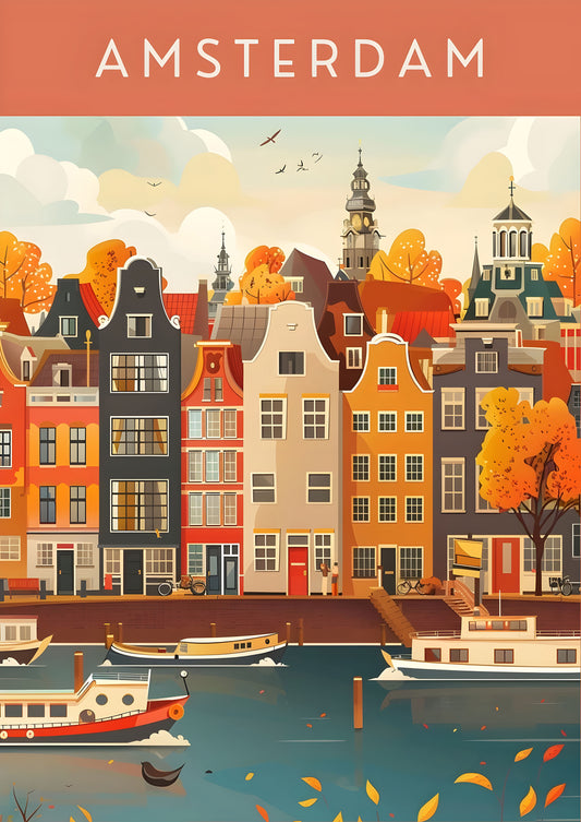 Amsterdam in Autumn – Travel Wall Art Poster Print, Modern Colourful Minimalist Design, Available Framed