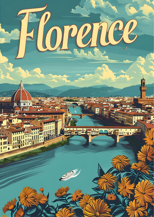 Florence Views – Travel Wall Art Poster Print, Modern Colourful Minimalist Design, Available Framed