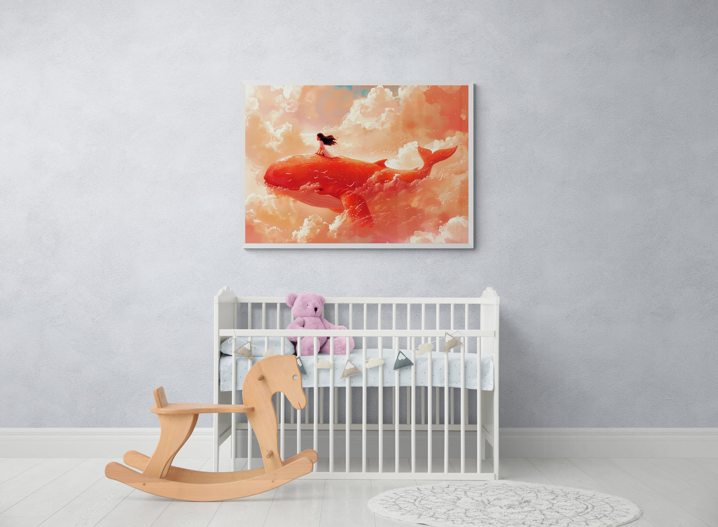 The Girl and the Cloud Swimmer – Nursery Poster Print, Cute Dreamy Baby Room Wall Art, Available Framed