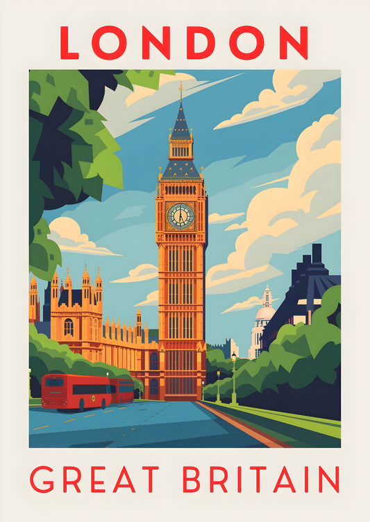 A Day in London – Travel Wall Art Poster Print, Modern Colourful Minimalist Design, Available Framed