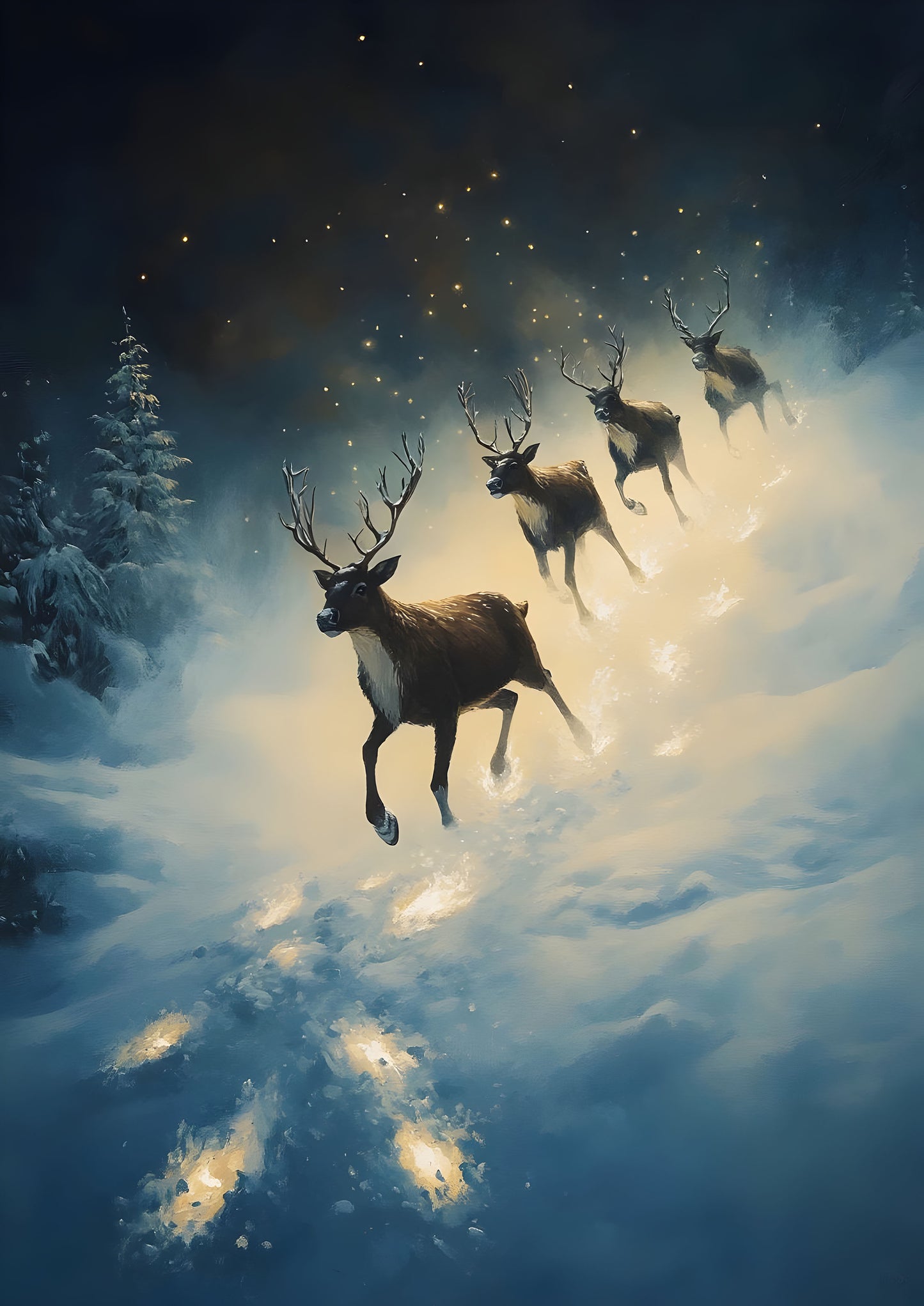 Midnight Flight - Christmas Poster Print, Reindeers Flying, Available Framed