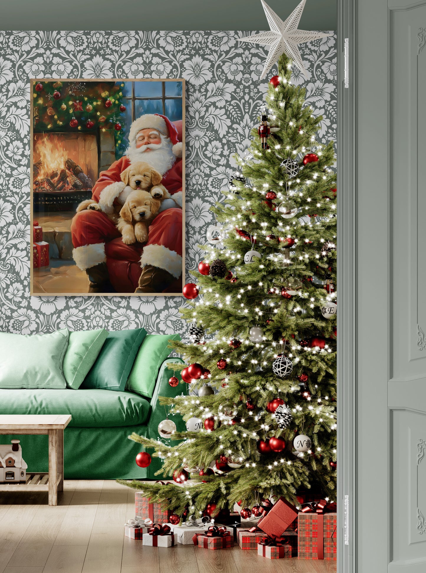 Santa's Little Helpers - Christmas Poster Print, Santa Claus with Puppies Wall Art, Available Framed