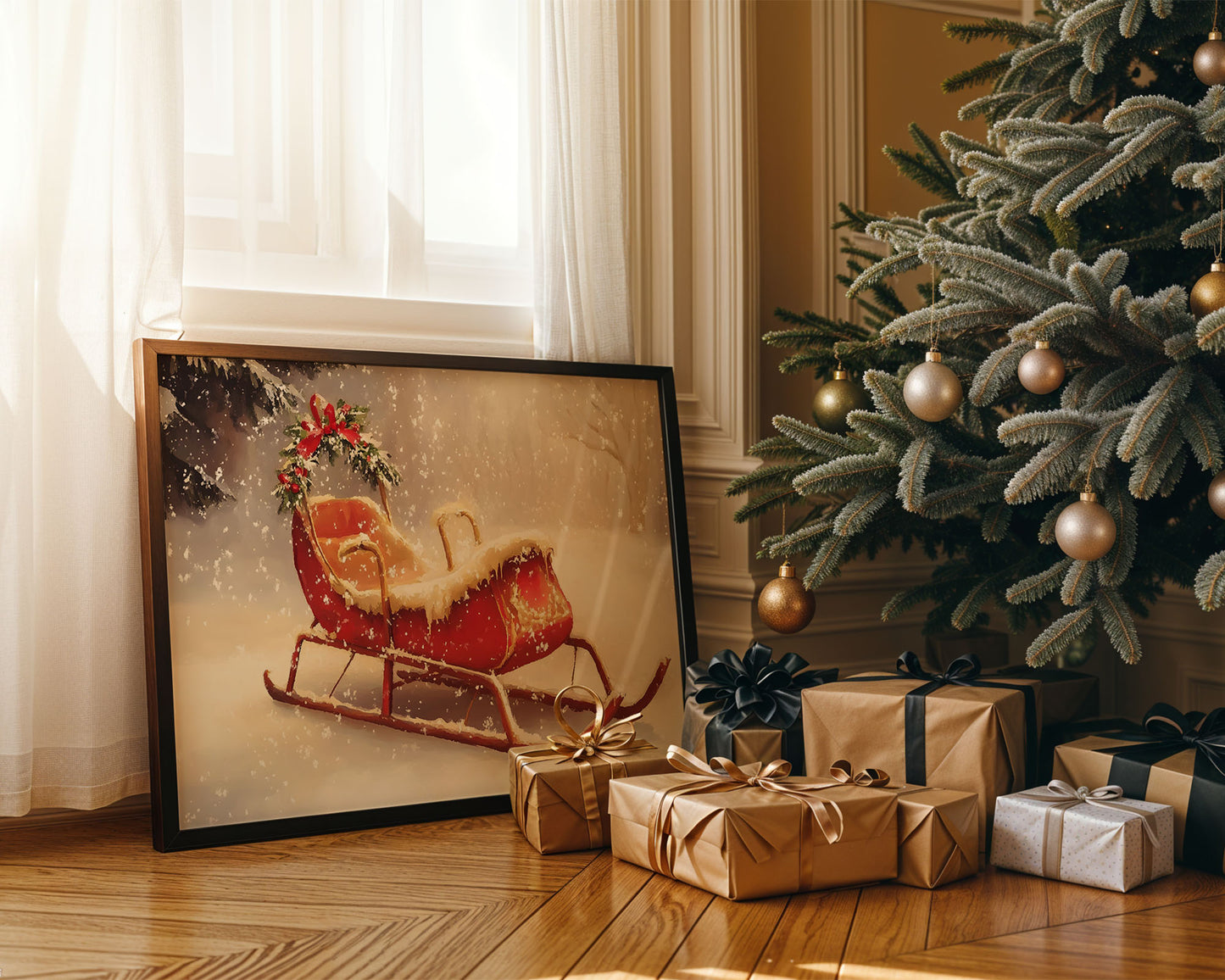 The Waiting Sleigh - Christmas Poster Print, Santa's Sleigh Wall Art, Available Framed
