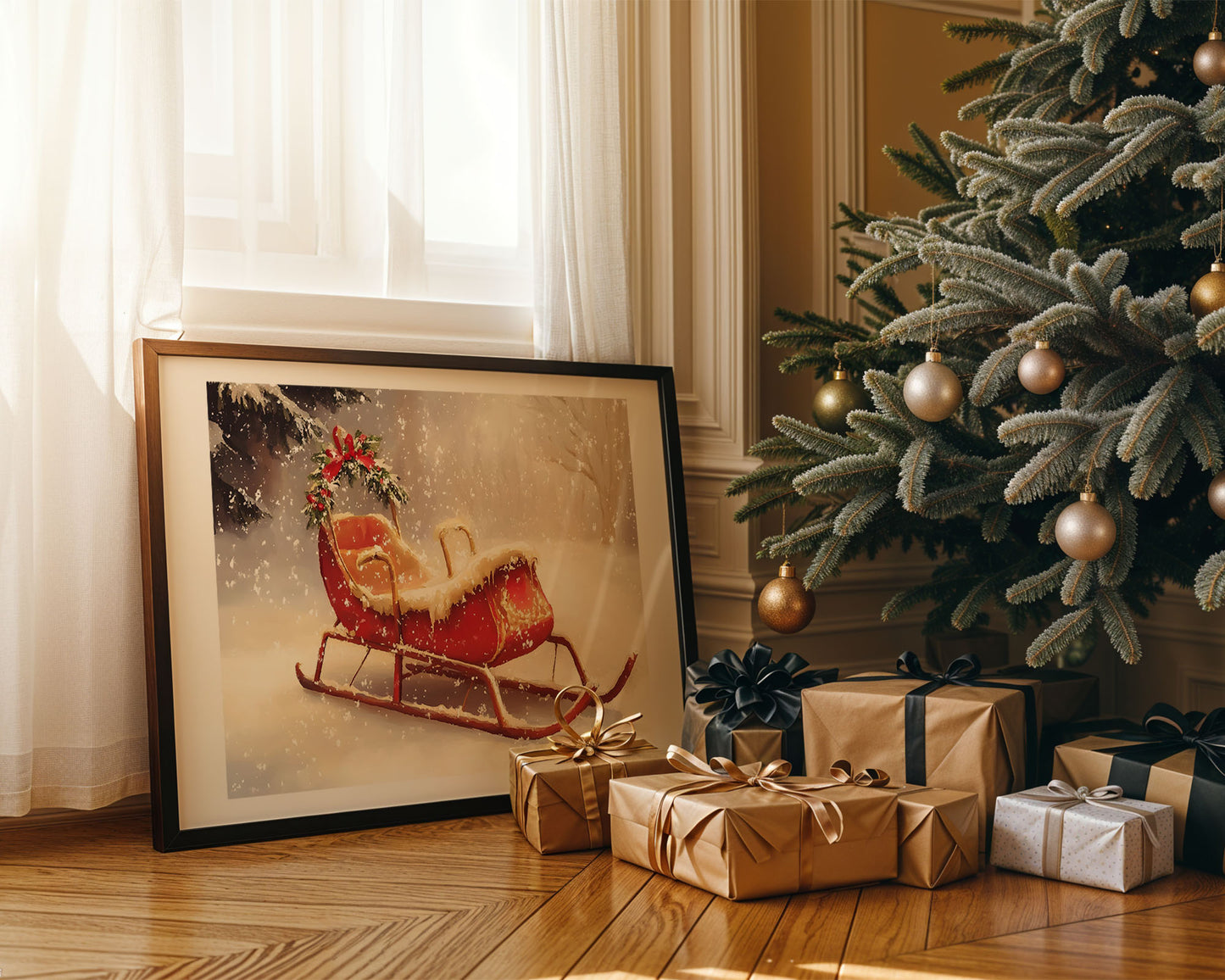 The Waiting Sleigh - Christmas Poster Print, Santa's Sleigh Wall Art, Available Framed
