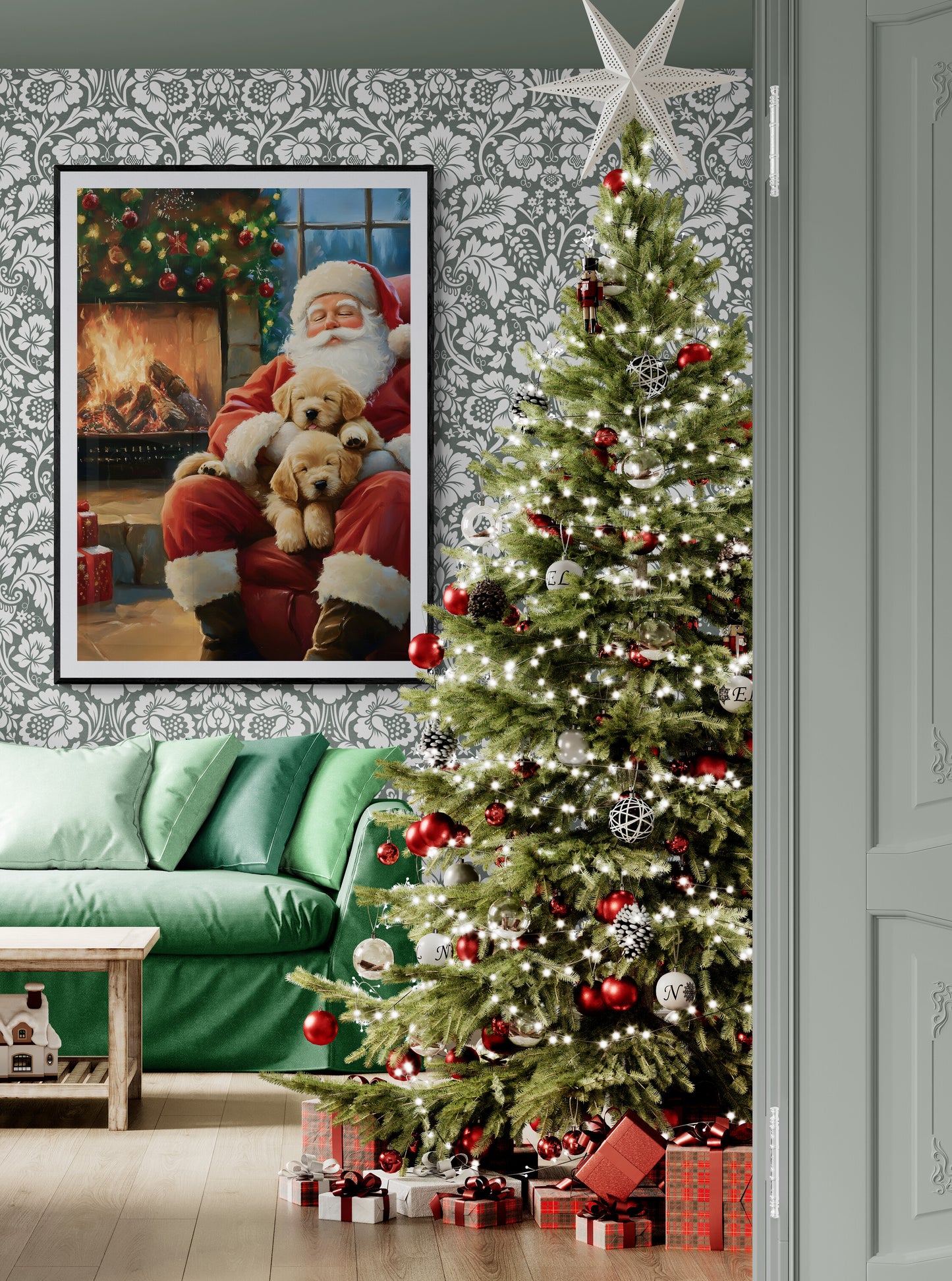 Santa's Little Helpers - Christmas Poster Print, Santa Claus with Puppies Wall Art, Available Framed