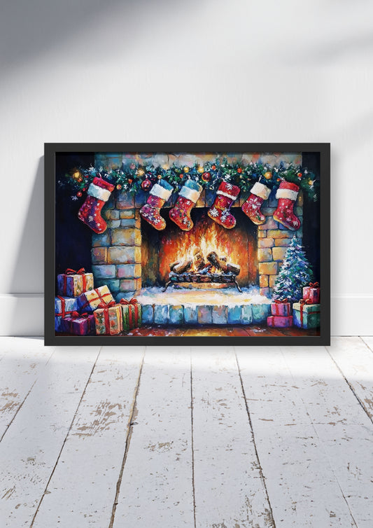 The Warmest Night - Christmas Poster Print, Stockings Above the Fireplace Wall Art, Available Framed