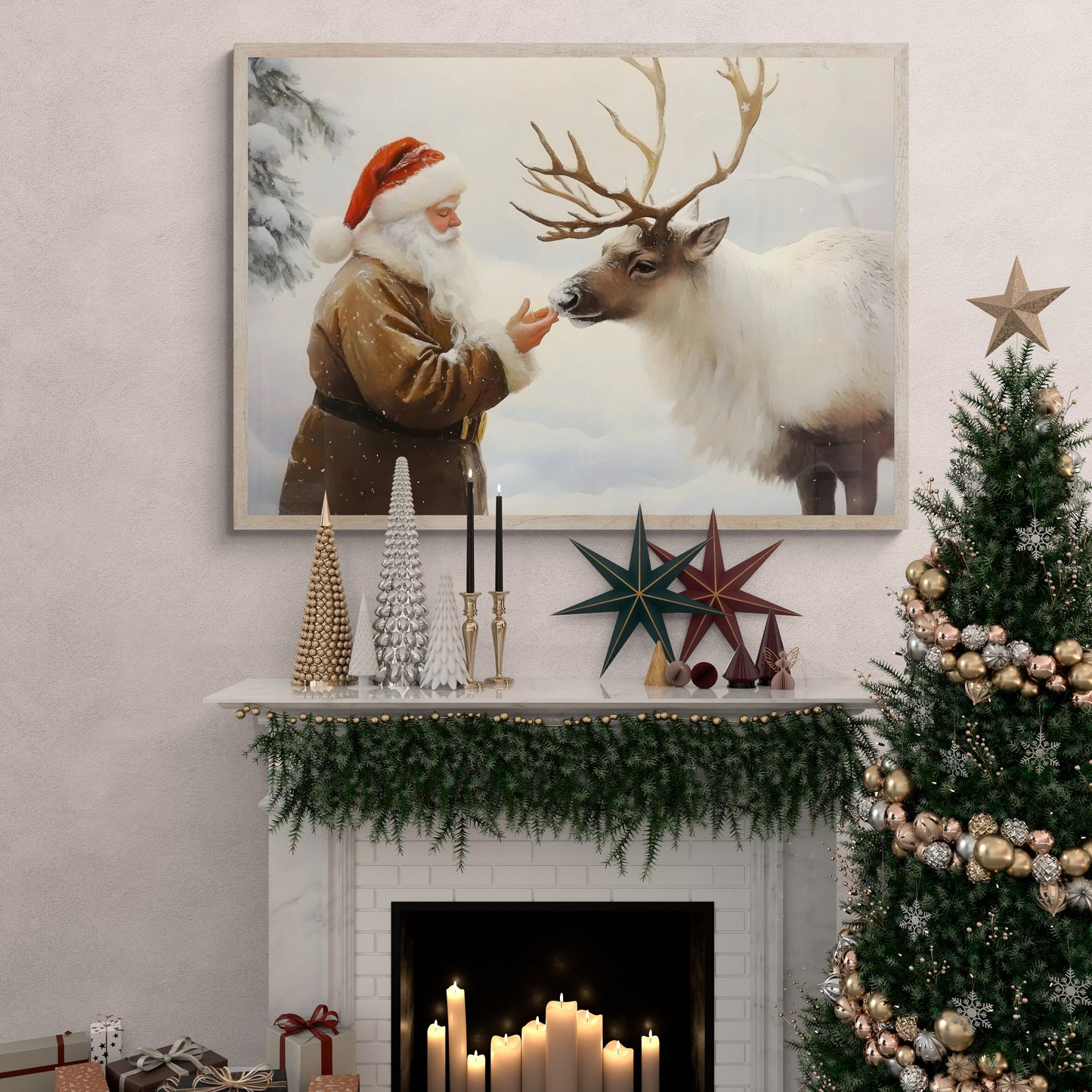 A Moment with Santa - Christmas Poster Print, Santa Claus with Reindeer Wall Art, Available Framed