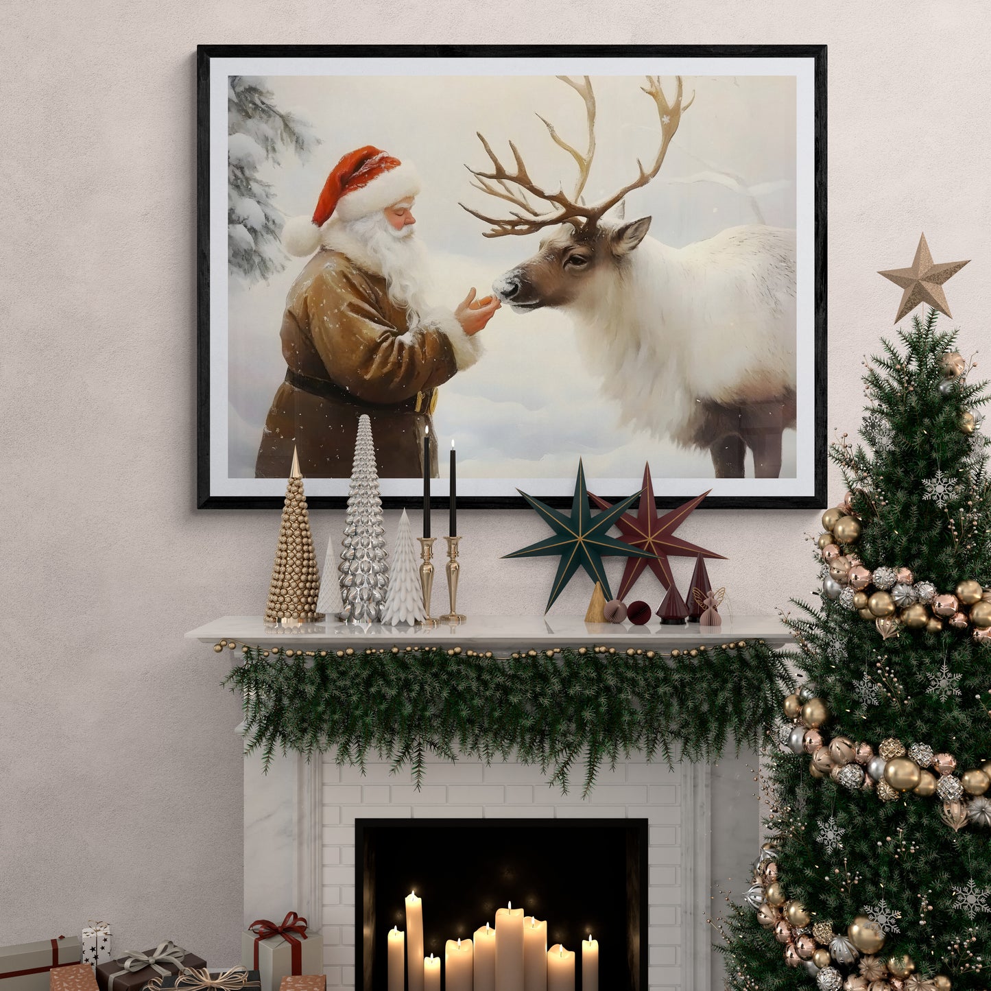 A Moment with Santa - Christmas Poster Print, Santa Claus with Reindeer Wall Art, Available Framed