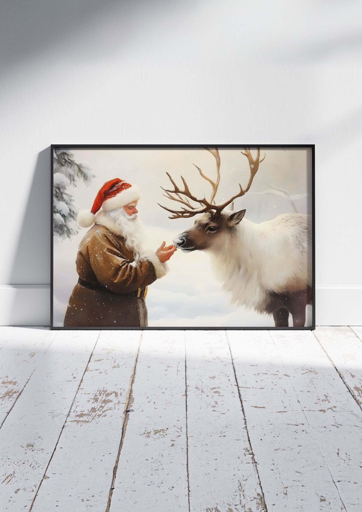 A Moment with Santa - Christmas Poster Print, Santa Claus with Reindeer Wall Art, Available Framed
