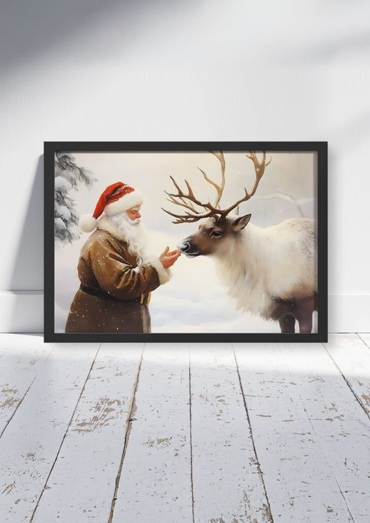 A Moment with Santa - Christmas Poster Print, Santa Claus with Reindeer Wall Art, Available Framed