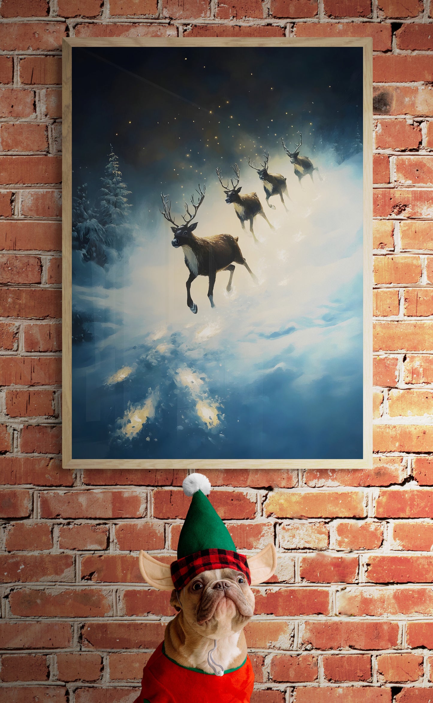 Midnight Flight - Christmas Poster Print, Reindeers Flying, Available Framed