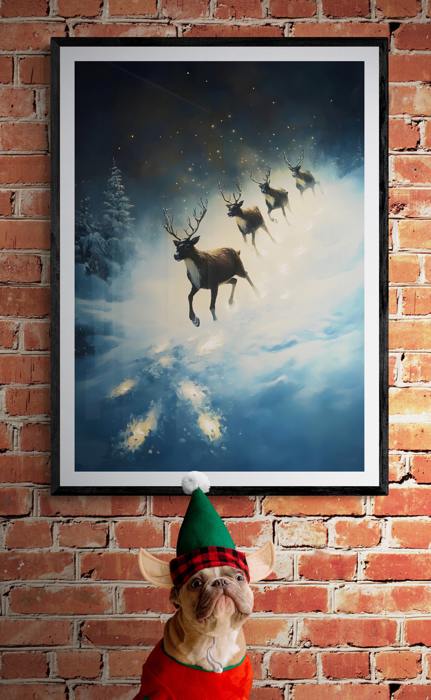 Midnight Flight - Christmas Poster Print, Reindeers Flying, Available Framed