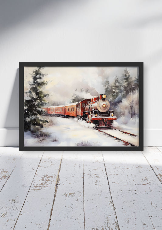 The Christmas Express - Christmas Poster Print, Snowy Train Scene Wall Art, Available Framed