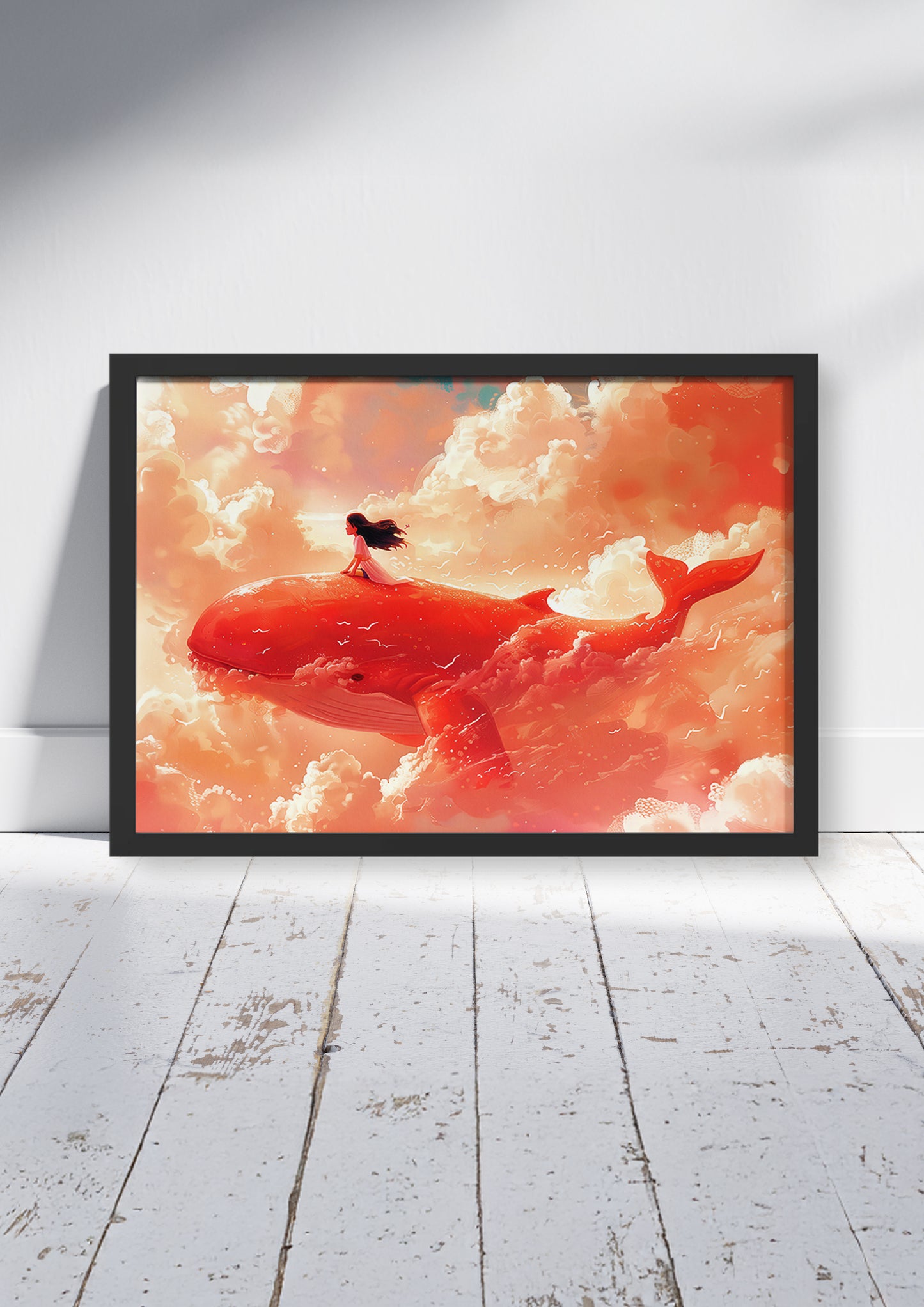 The Girl and the Cloud Swimmer – Nursery Poster Print, Cute Dreamy Baby Room Wall Art, Available Framed