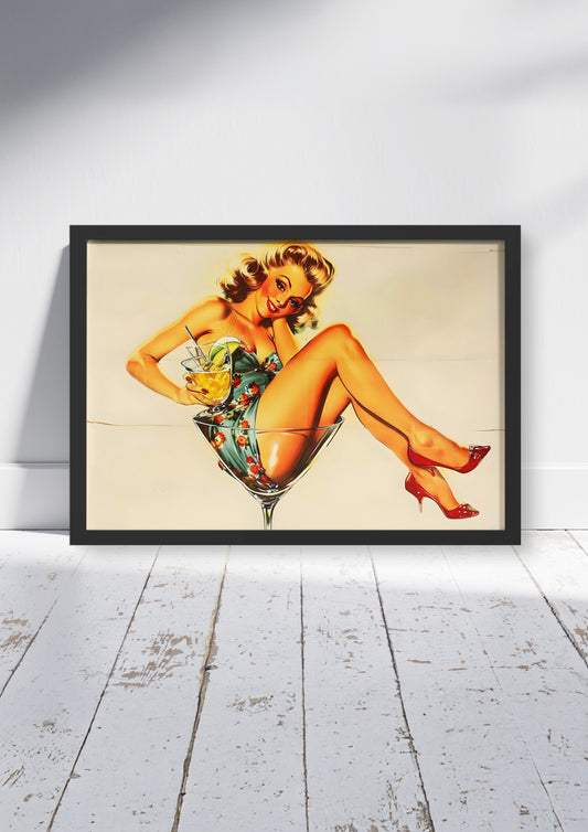 Miss Martini  – Cocktail Poster Print, Vibrant Retro Pin Up Girl Bar Wall Art, Available Framed